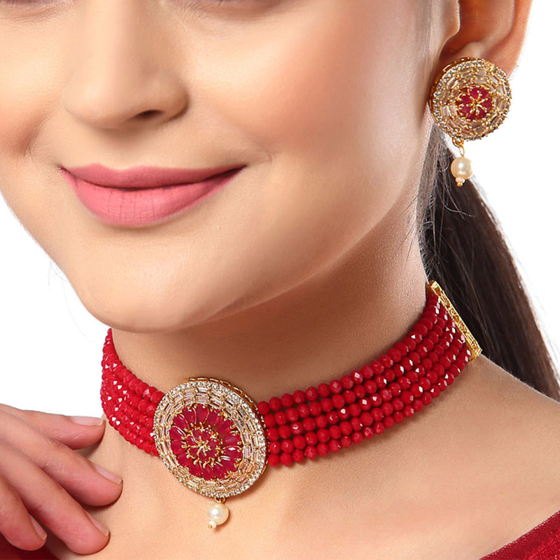 White & Red American Diamond-Studded & Beaded Gold-Plated Choker Jewellery Set
