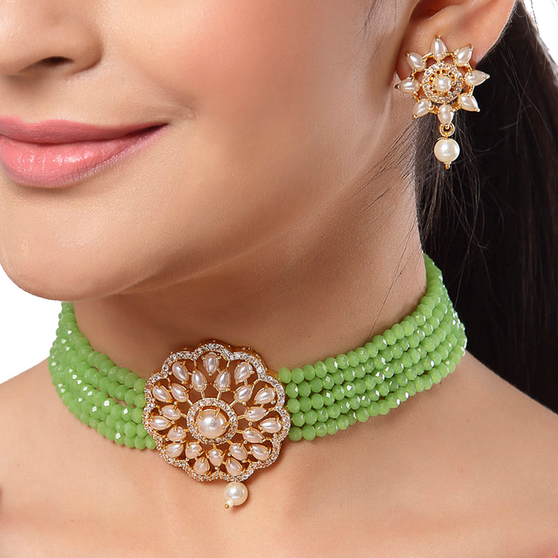 Pearl Detailing with Gold Plating Lime Green Beads Strap Choker Jewellery Set