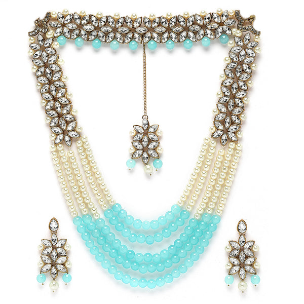 Gold-Plated Sky Blue & White Beaded Floral Kundan Studded Layered Jewellery Set