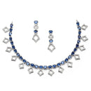 Rhodium-Plated Silver Toned Rectangle Navy Blue American Diamond Studded Necklace Earrings Jewellery Set