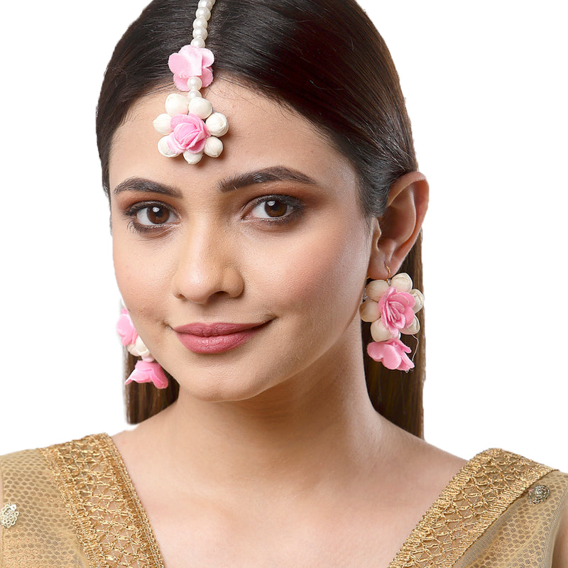 Gold-Plated Pearl White & Pink Gota Patti Flower Maang Tikka Set