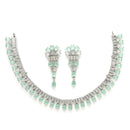 Rhodium Plated Silver Toned Sea Green American Diamond  Studded Classic Necklace With Floral Drop Earrings