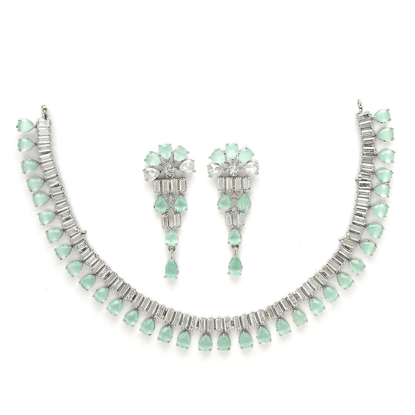 Rhodium Plated Silver Toned Sea Green American Diamond  Studded Classic Necklace With Floral Drop Earrings