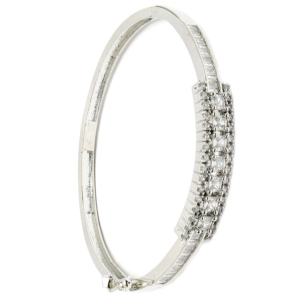 Rhodium Plated Silver Toned Minimal Round White American Diamond Studded Cuff Bracelet