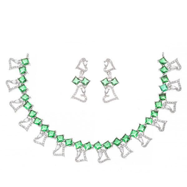 Rhodium-Plated Green American Diamonds Studded Cordate Necklace & Earrings Jewellery Set