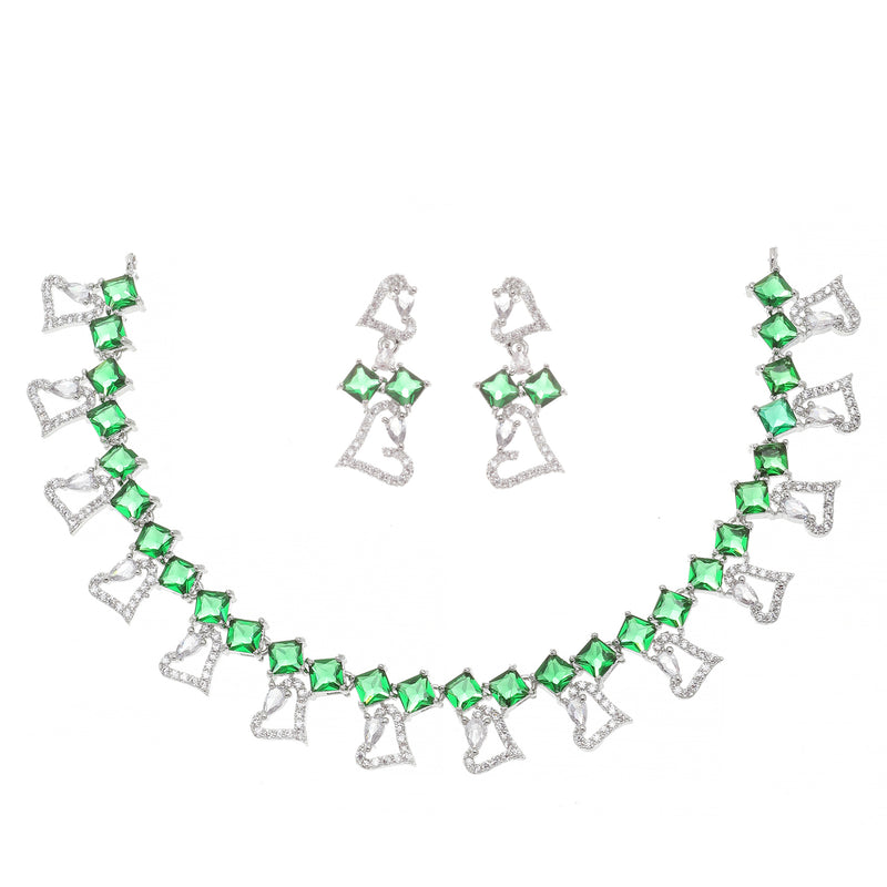Rhodium-Plated Green American Diamonds Studded Cordate Necklace & Earrings Jewellery Set