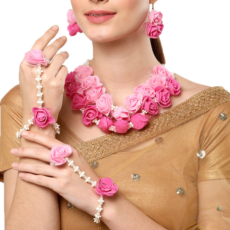 Pink & White Gold-Plated Pearl Gota Patti Flower Jewellery Set Combo