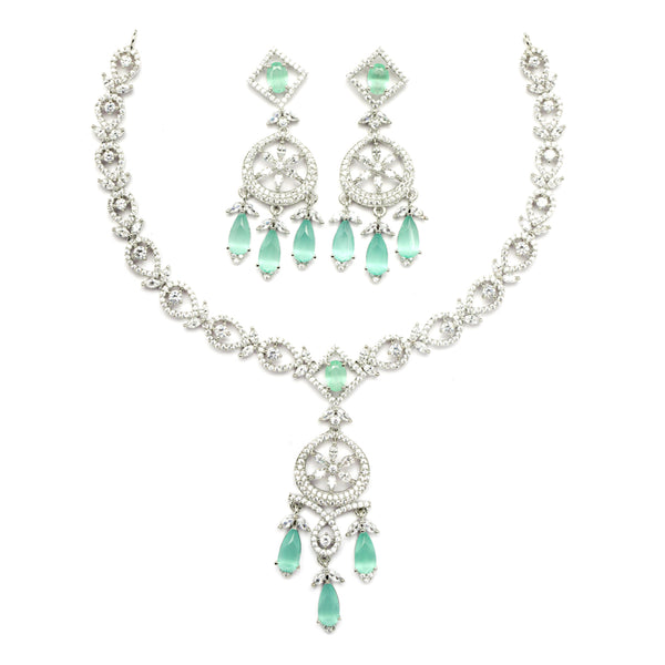 Rhodium-Plated Sea Green Baguette Teardrops American Diamonds Studded Necklace & Earrings Jewellery Set