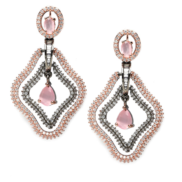 Rose Gold-Plated Gunmetal Toned Pink American Diamond studded Layered Drop Earrings