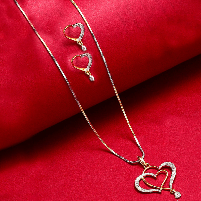 Gold-Plated Dual Heart Shaped White Cubic Zirconia Stone Studded Pendant Set