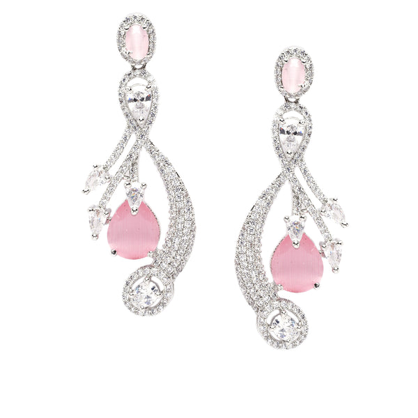 Rhodium-Plated Pink American Diamond studded Quirky Shaped Drop Earrings