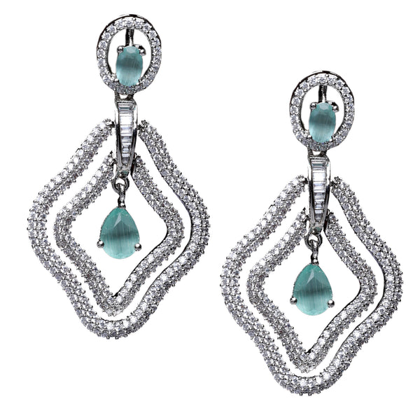 Rhodium-Plated Sea Green & White American Diamond studded Layered Drop Earrings