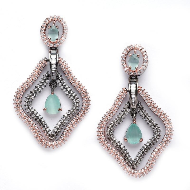 Rose Gold-Plated Gunmetal Toned Sea Green American Diamond studded Layered Drop Earrings
