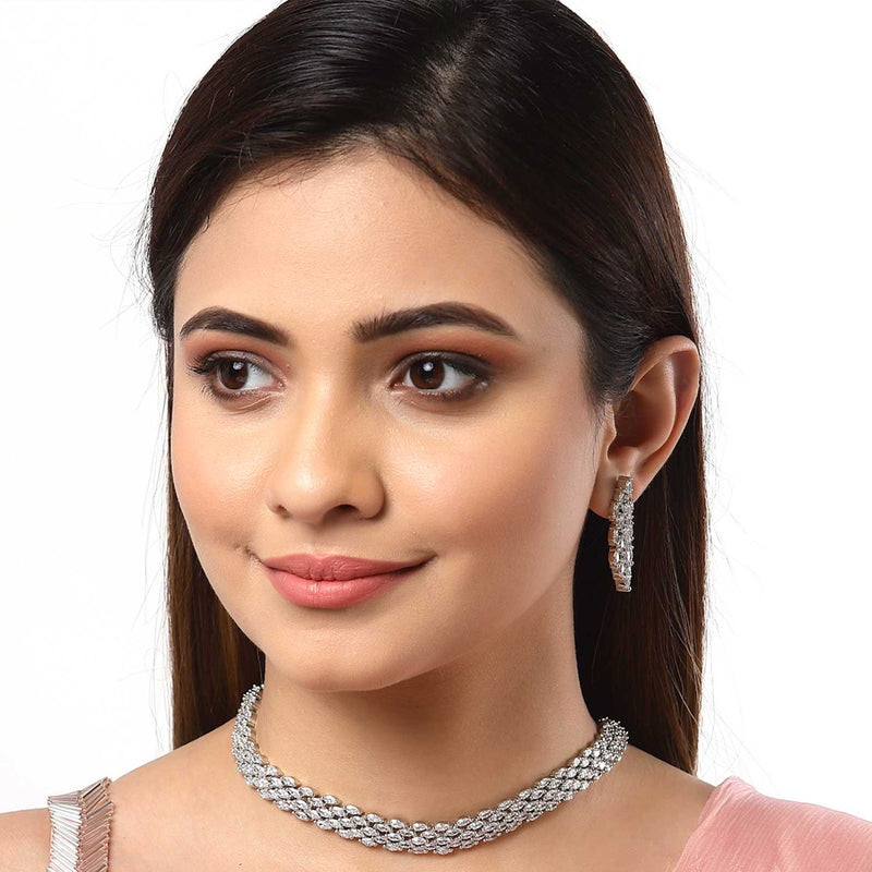 Rhodium-Plated with Silver-Tone & White American Diamond Studded Jewellery Set