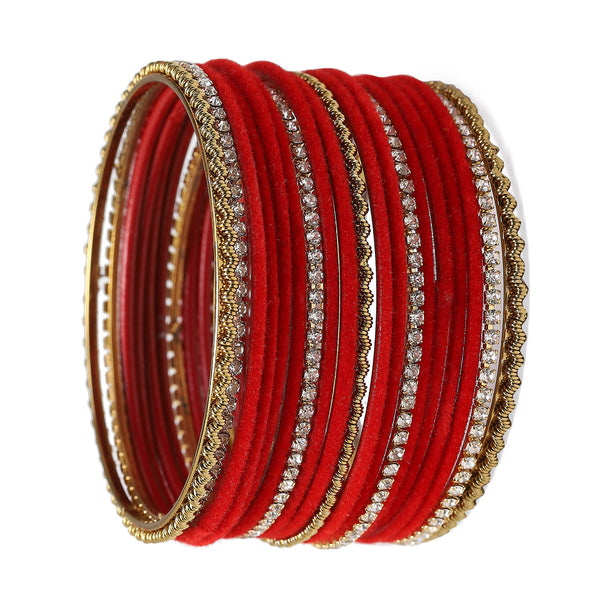 Gold-Plated Red Matte Finish Velvet White American Diamonds Studded Bangles Set Of 36
