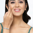 Rhodium-Plated Silver Toned Oval Shaped Blue American Diamond Studded Kada Bracelet
