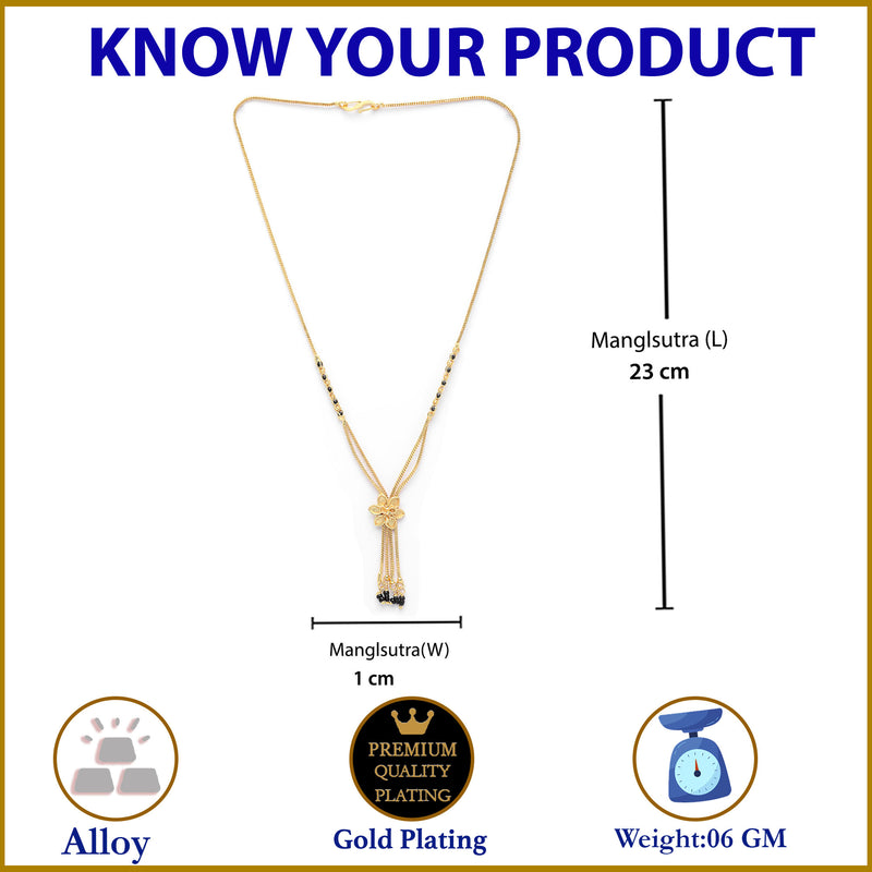 Gold-Plated & Black Beaded Floral Mangalsutra For Women