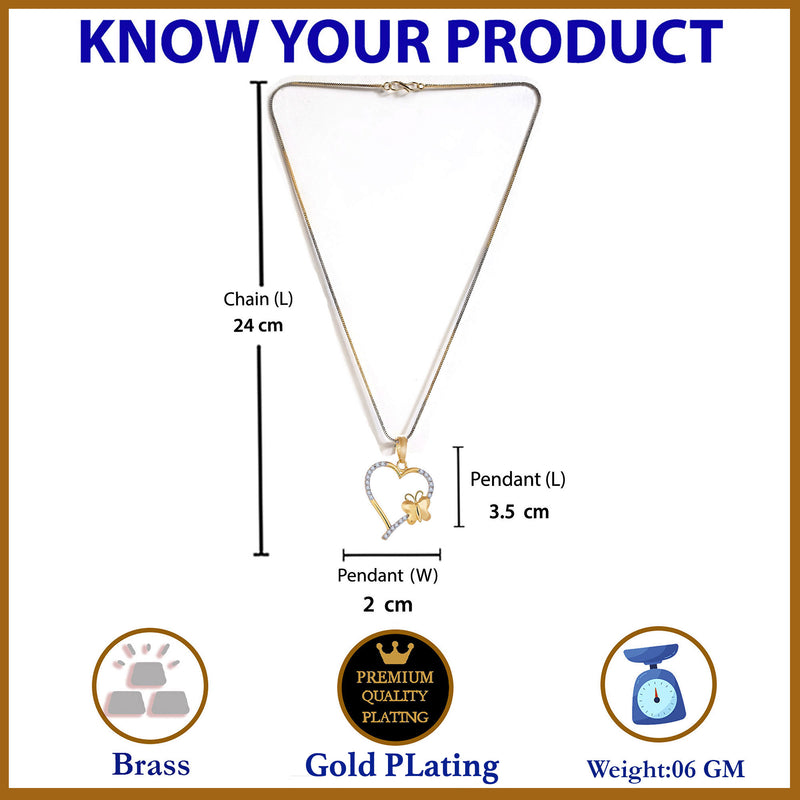 Gold-plated Butterfly & Heart White Cubic Zirconia Studded Pendant