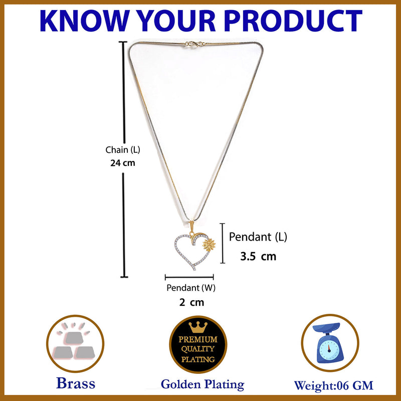 Gold-plated Flower & Heart White Cubic Zirconia Studded Pendant