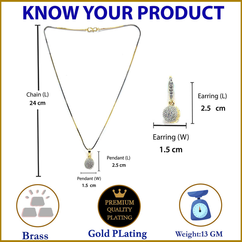 Gold-Plated White Cubic Zirconia Studded Pendant with Chain and Earring