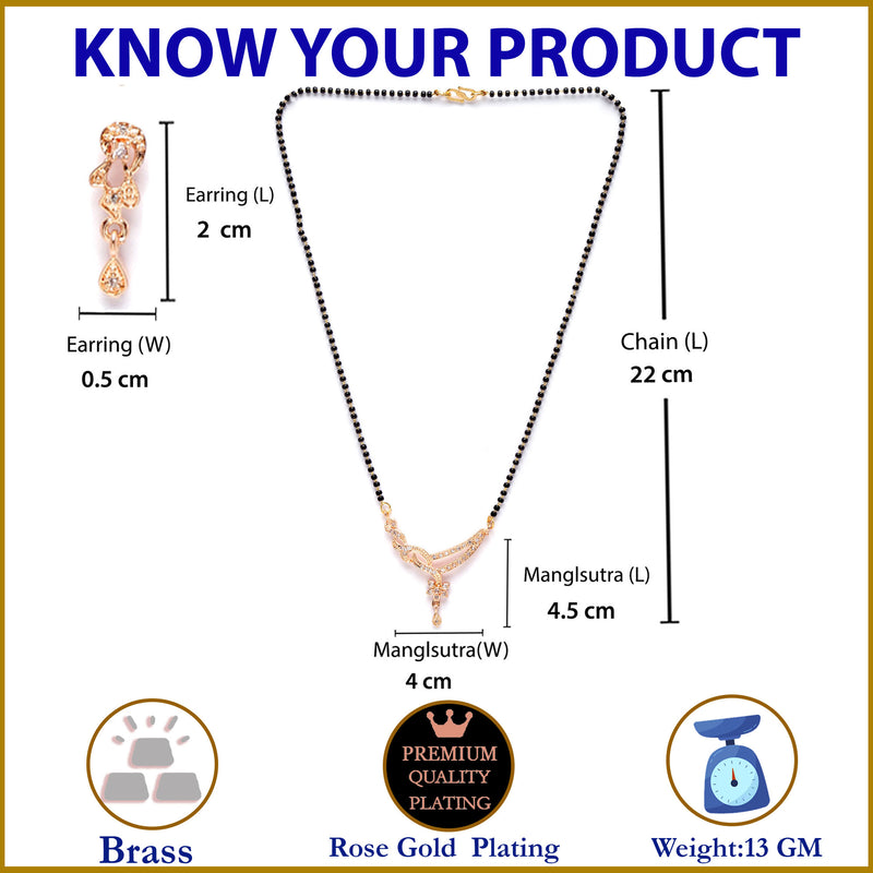 Rose Gold-Plated White American Diamond Studded & Black Beads Beaded Mangalsutra with Earrings