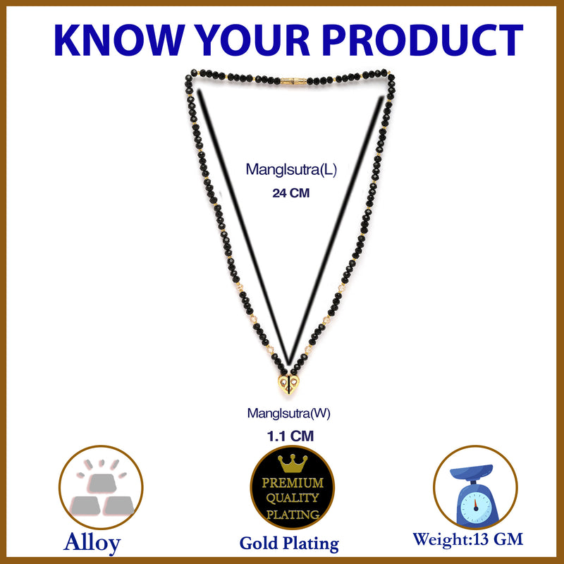 Gold-Plated Black & White Artificial Stones Studded & Beads Beaded Heart Shaped Locket Mangalsutra