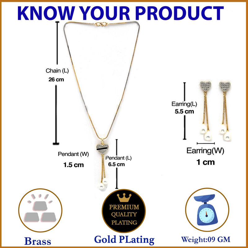 Gold-plated  Pearl Drop Heart White Cubic Zirconia Studded Pendant Set