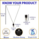 Rhodium-Plated Navy Blue American Diamond Studded Square & Leaf Shaped Pendant with Earrings Jewellery Set