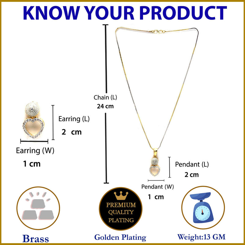 Heart Shaped American Diamond Gold Plated Pendant with Earring