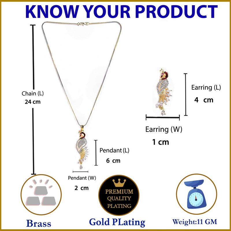 18K Gold Plated Cubic Zirconia Peacock Shaped Pendant Earring Set
