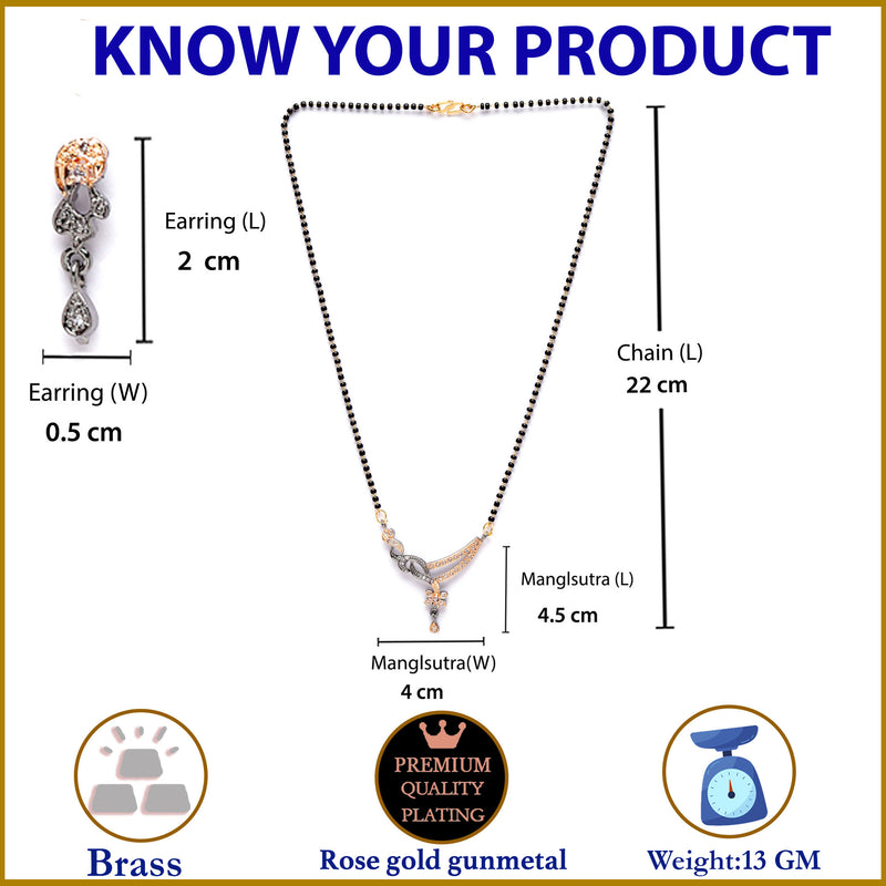 Rose Gold-Plated Gunmetal Toned White American Diamond Studded & Black Beads Beaded Mangalsutra with Earrings