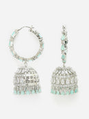 Rhodium Plated Silver Toned with Ocean Blue & White American Diamond Jhumka Earrings
