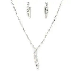Rhodium Plated Silver Toned White Cubic Zirconia Studded Bar Shaped Pendant Set