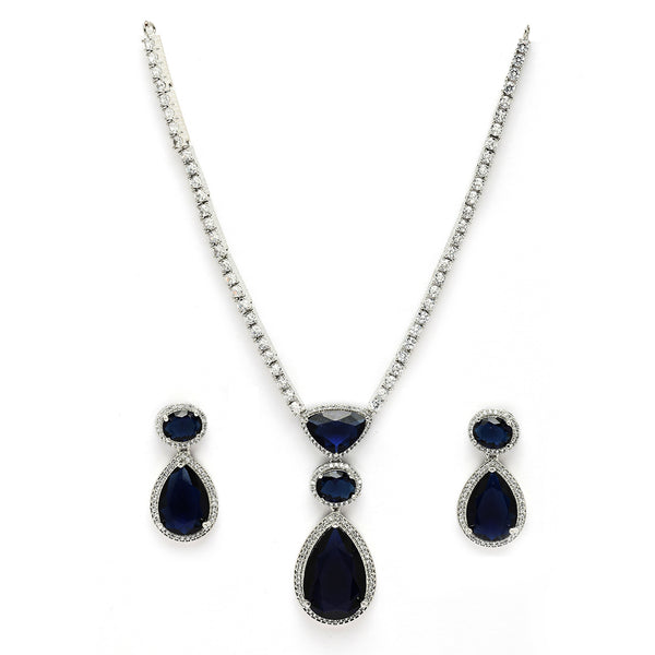 Rhodium Plated Silver toned Teardrop Shaped Blue American Diamond Studded Jewellery Set