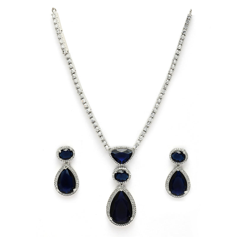 Rhodium Plated Silver toned Teardrop Shaped Blue American Diamond Studded Jewellery Set