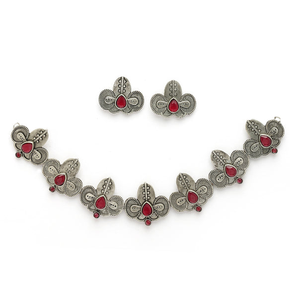 Oxidized Plated with Silver Filigree Design Red Stone Studded Jewellery Set