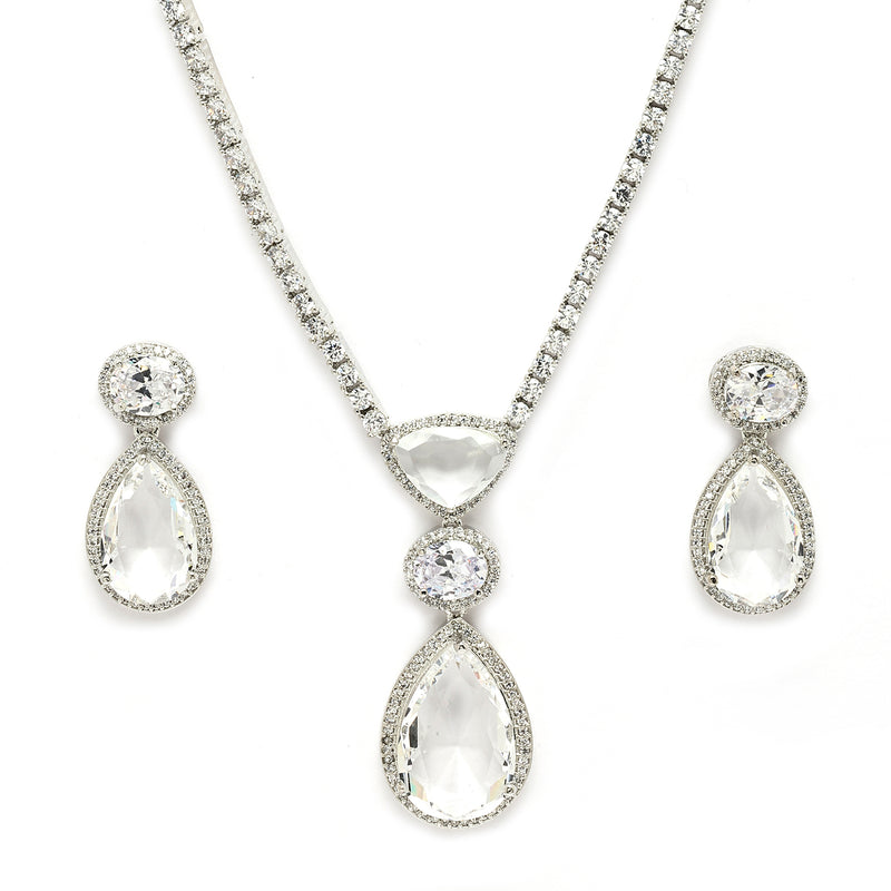 Rhodium Plated Teardrop Shaped Crystal White American Diamond Studded Necklace Set