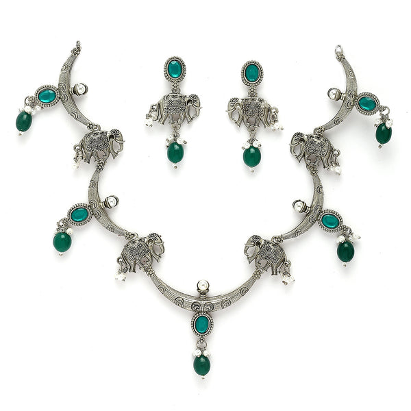 Oxidized Plated Green & Blue with Pearl & Stone Studded Jewellery Set