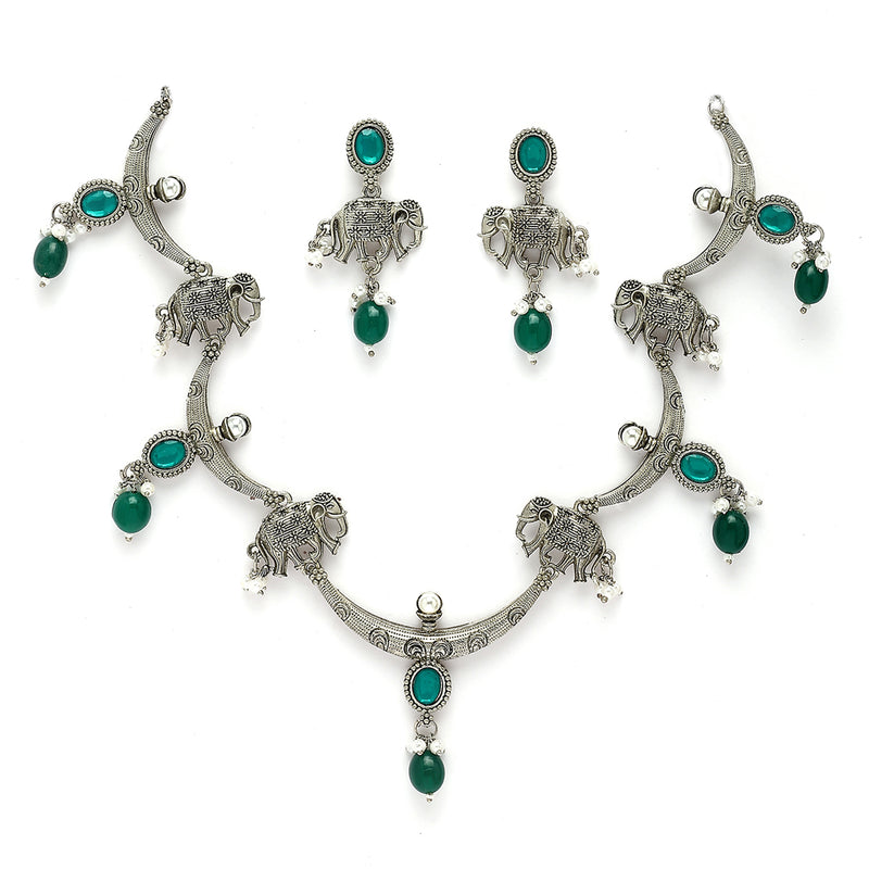 Oxidized Plated Green & Blue with Pearl & Stone Studded Jewellery Set