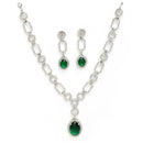 Rhodium Plated Silver Toned Emerald Green American Diamond Studded Jewellery Set