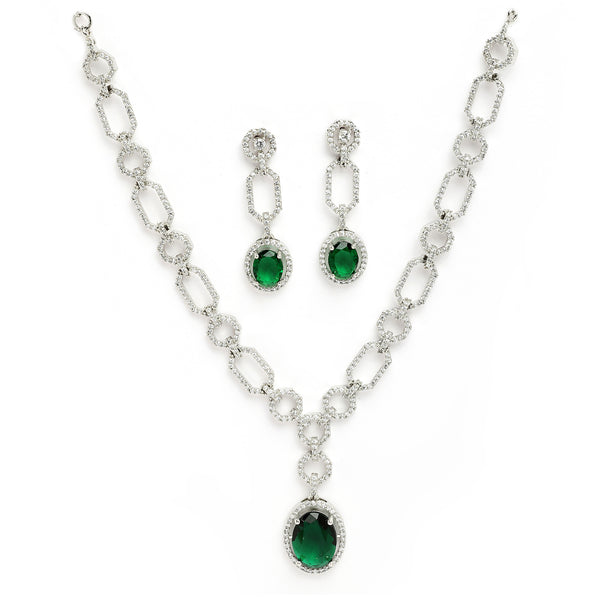 Rhodium Plated Silver Toned Emerald Green American Diamond Studded Jewellery Set