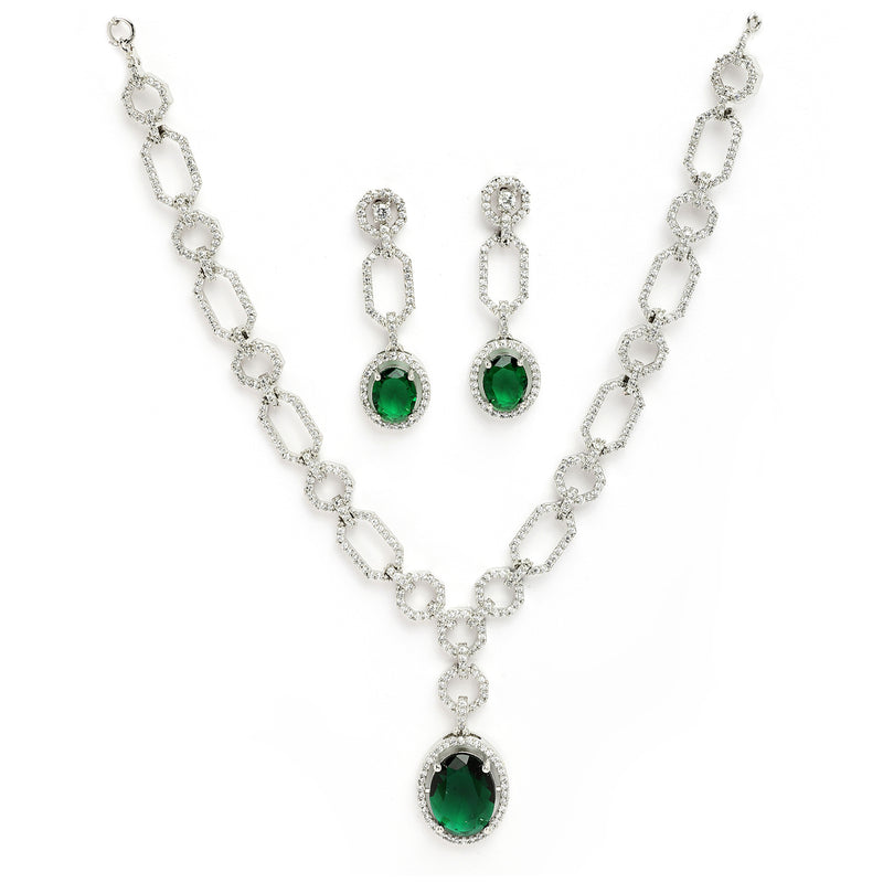 Rhodium Plated Silver Toned Emerald Green American Diamond Studded Jewellery Set
