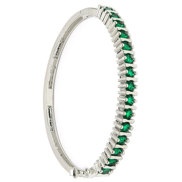 Rhodium Plated Silver Toned Minimal  Round Green American Diamond Studded Cuff Bracelet