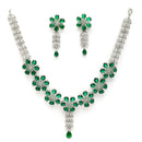 Rhodium Plated Floral Design Green & white American Diamond Stones Studded Jewellery Set