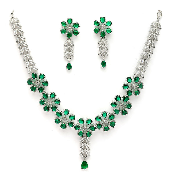 Rhodium Plated Floral Design Green & white American Diamond Stones Studded Jewellery Set