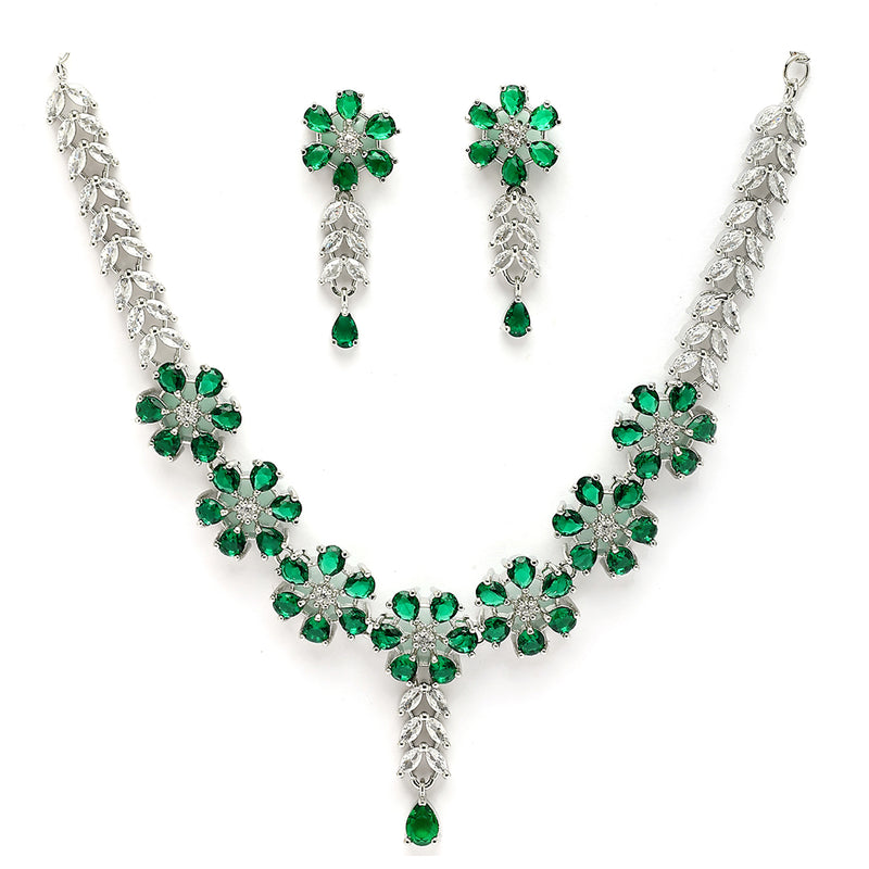 Rhodium Plated Floral Design Green & white American Diamond Stones Studded Jewellery Set