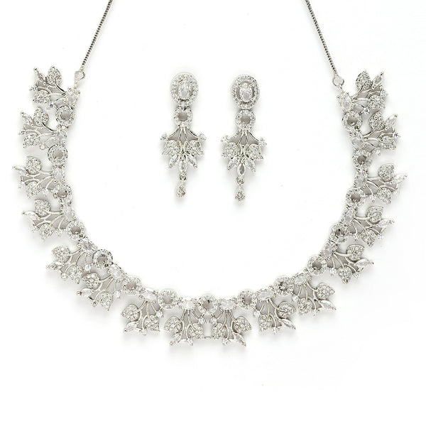 Rhodium Plated Silver Toned with Delicate Floral & White American Diamond Stone Studded Jewellery Set
