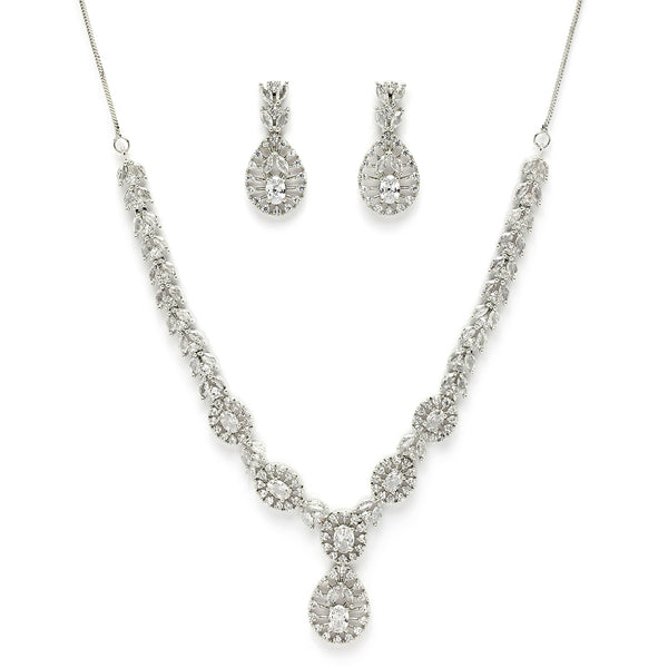 Rhodium Plated Silver Toned White American Diamond Jewellery Set