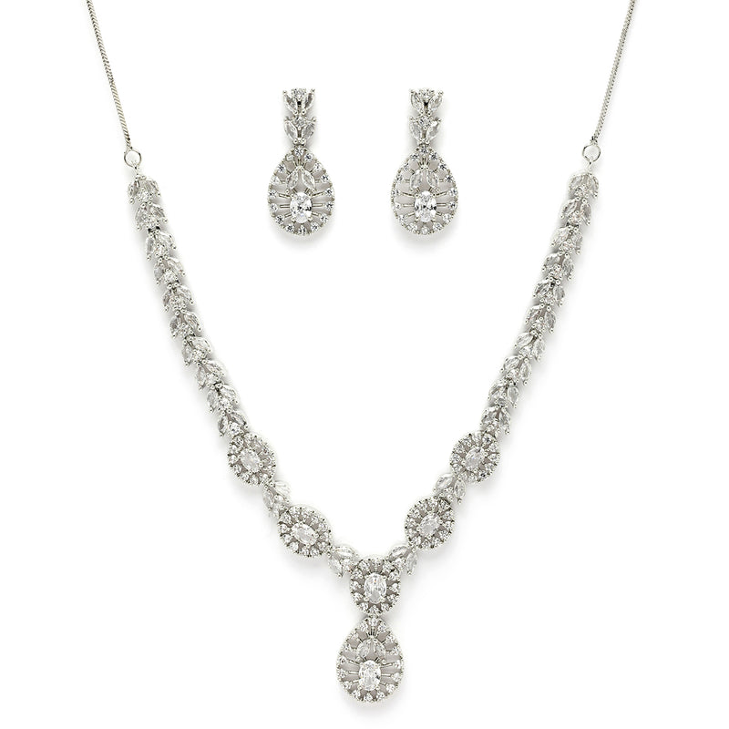 Rhodium Plated Silver Toned White American Diamond Jewellery Set