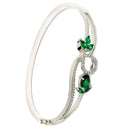 Rhodium Plated Silver Toned Nature Inspired Green Oval American Diamond Studded Cuff Bracelet